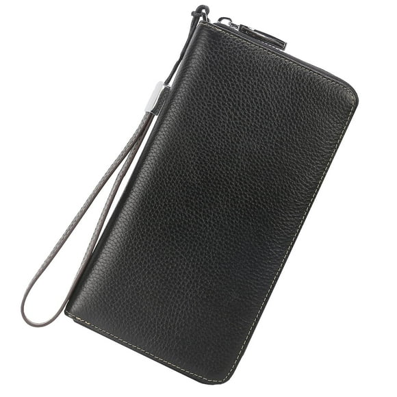 Cartera Lavemi para mujer, 100% piel, con bloqueo RFID, gran capacidad, cierre, cierre de teléfono, bolso de viaje (tamaño grande, negro guijarro)