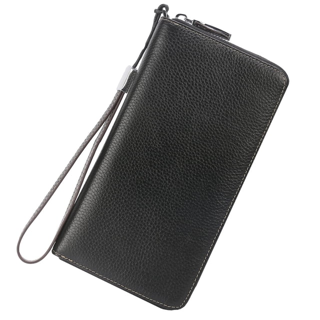 Cartera Lavemi para mujer, 100% piel, con bloqueo RFID, gran capacidad, cierre, cierre de teléfono, bolso de viaje (tamaño grande, negro guijarro)