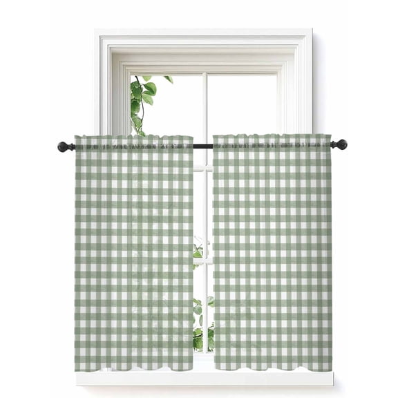 Sage Green Buffalo Plaid Tier Curtains 45 Inch Length,Sheer Curtains for Bedroom Living Room Window Farmhouse Green White Checkered Voile Drapes Kitchen Curtains Small Half Window 27.5"x45" 2 Panels