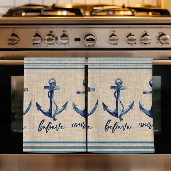 Blue Nautical Anchor Kitchen Towels Set of 1, Country Retro Ocean Beach Stripes Beige Absorbent Dish Towels for Kitchen, Microfiber Hand Towel, Quick Drying Tea Towel for Cleaning Dishcloths