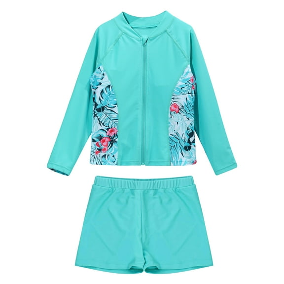 Zaldita Girls Long Sleeve Rash Guard Tops with Elastic Waistband Shorts Quick Dry Swimsuit Leaf 10
