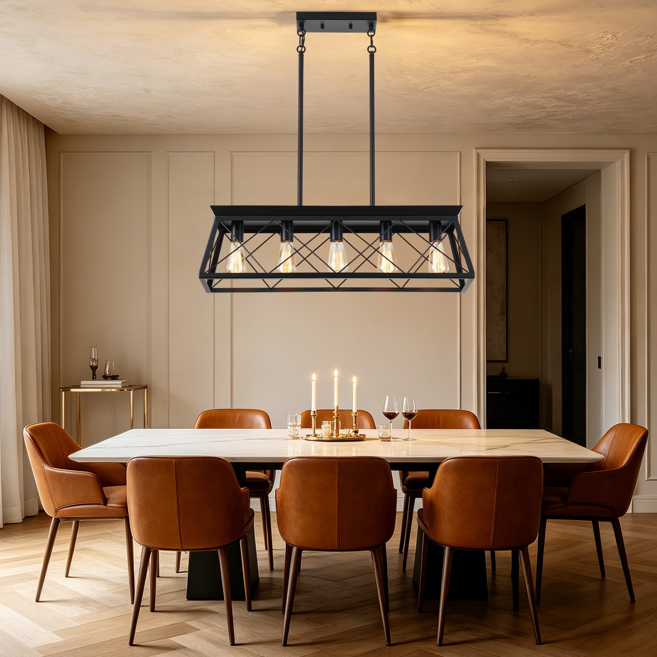GDF Studio 5-Light E26 Farmhouse Chandelier, Rustic Kitchen Island Pendant Light with Adjustable Height, Black