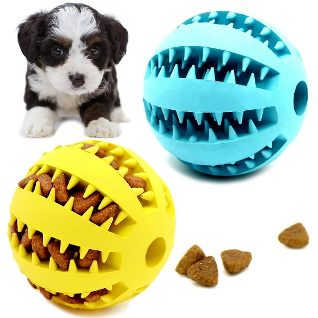 Paquete de 2 juguetes de bolas para perros para limpieza de dientes de mascotas, masticar, buscar, juguetes dispensadores de alimentos con bolas de tratamiento (pequeños de 2 pulgadas)