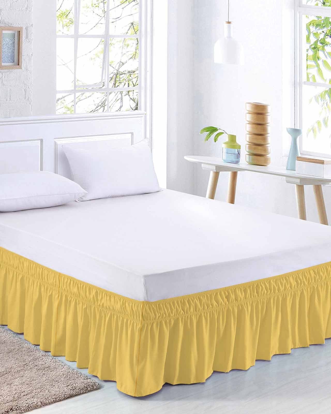 Pure Yellow Bed Skirt King Size, Simple Solid Color Wrap Around Bed Skirting with Adjustable Elastic Strap, Dust Ruffle Pleated Bedskirts 16 Inch Drop for Bedroom King Beds