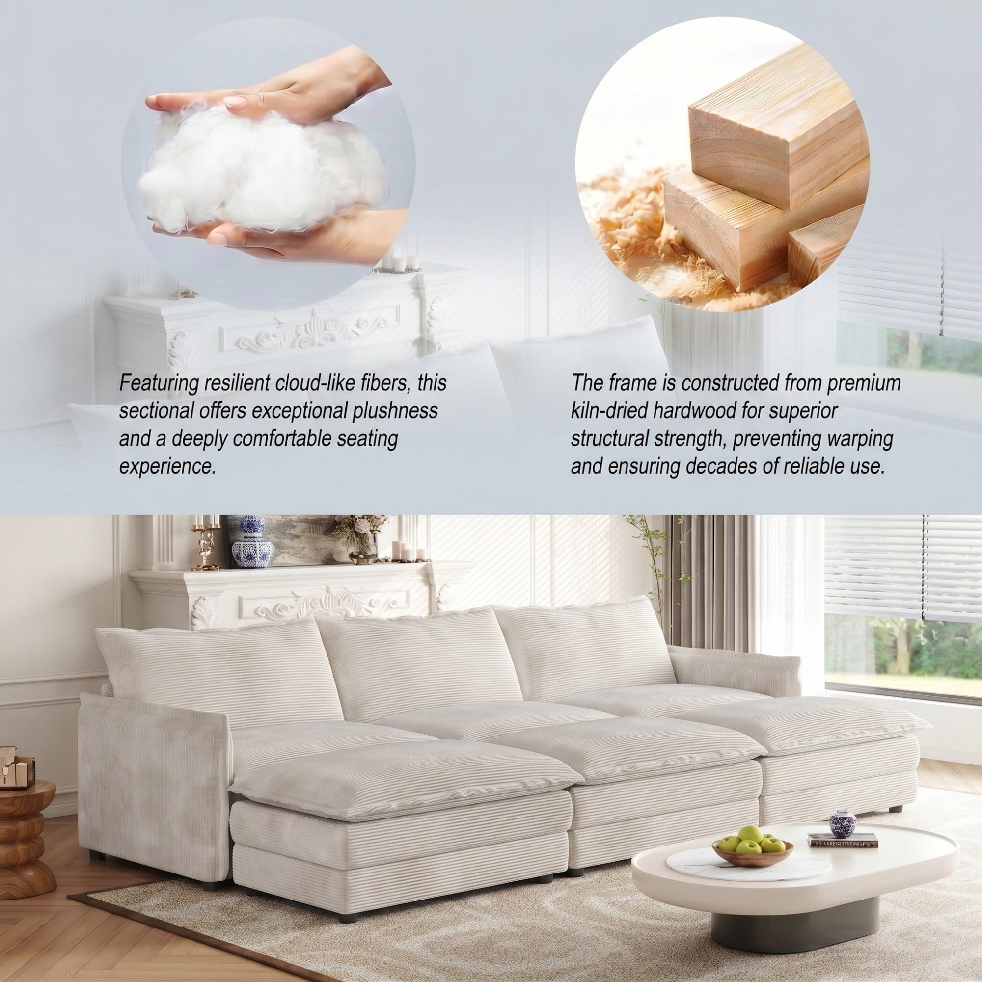 Sailvan 3-Seater Corduroy Sofa with 3 Ottomans, Oversized Deep Seat Cloud Couch for Living Room Beige