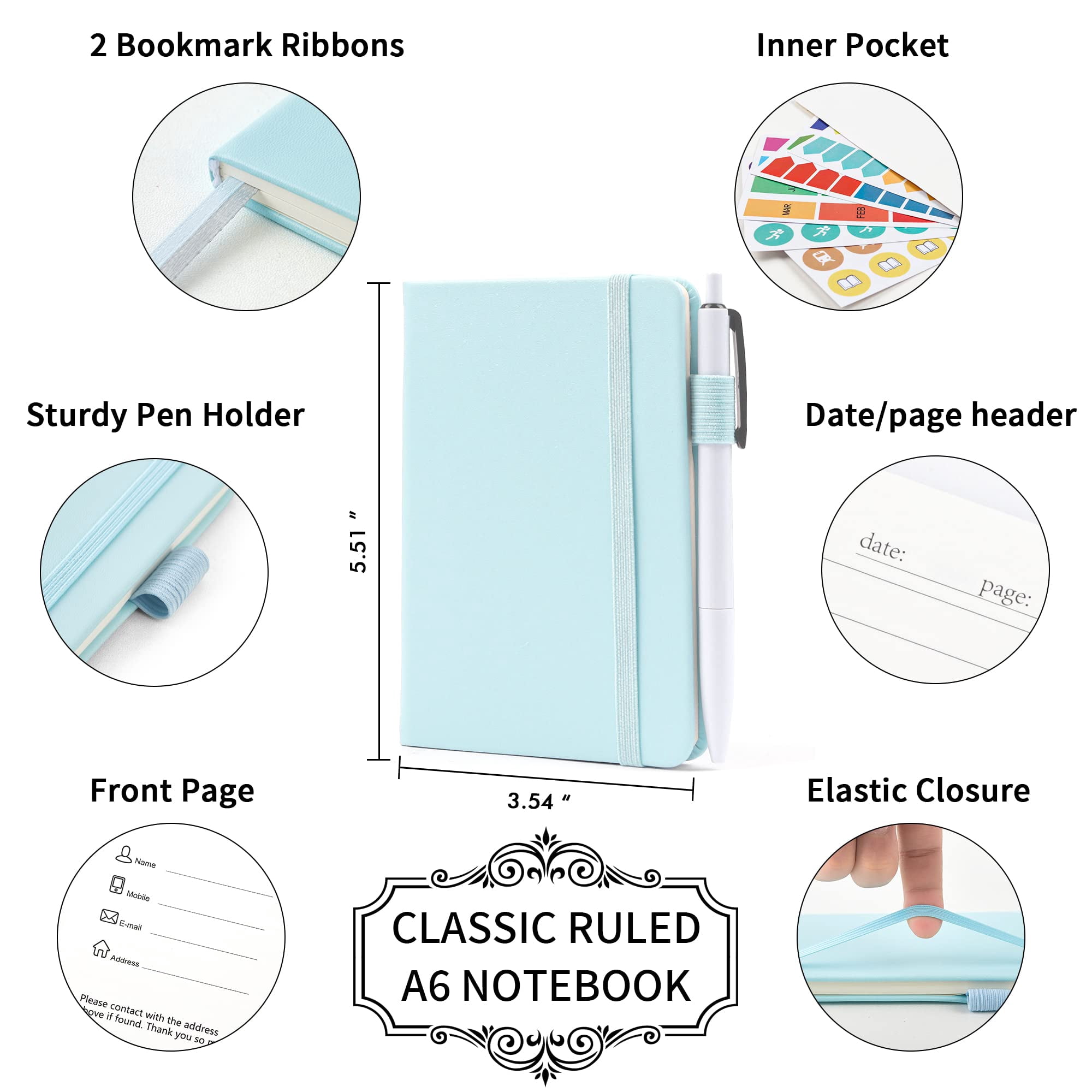 3 Pack Pocket Small Notebook Journals  Mini Cute Memo Notepad Hardcover College Ruled Lined With Pen Holder For Women Office School 3 Black Pens 3.5"x 5.5" A6 Sky Blue