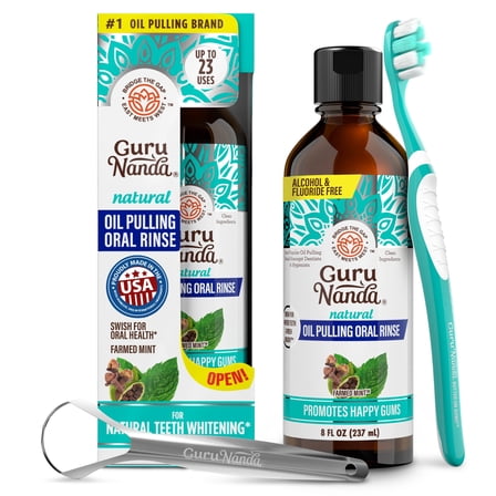 GuruNanda CocoMint Oil Pulling Natural Mouthwash with Essential Oils & Vitamins D3,E,K2 - Toothbrush & Tongue Scraper - 8 oz