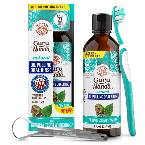 GuruNanda CocoMint Oil Pulling Natural Mouthwash with Essential Oils & Vitamins D3,E,K2 - Toothbrush & Tongue Scraper - 8 oz