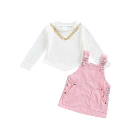 

wdehow Kids Girl s Suspender Skirt Suit Solid Color Chain Long Sleeve Ribbed Tops Pink Corduroy Suspender Skirt