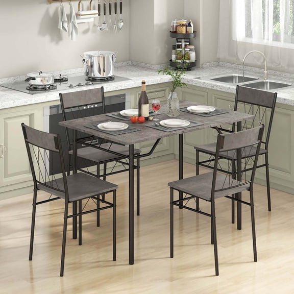 Costway 5PCS Dining Table Set for 4 Rectangular Kitchen Table & 4 Chairs with Metal Frame Cement Gray