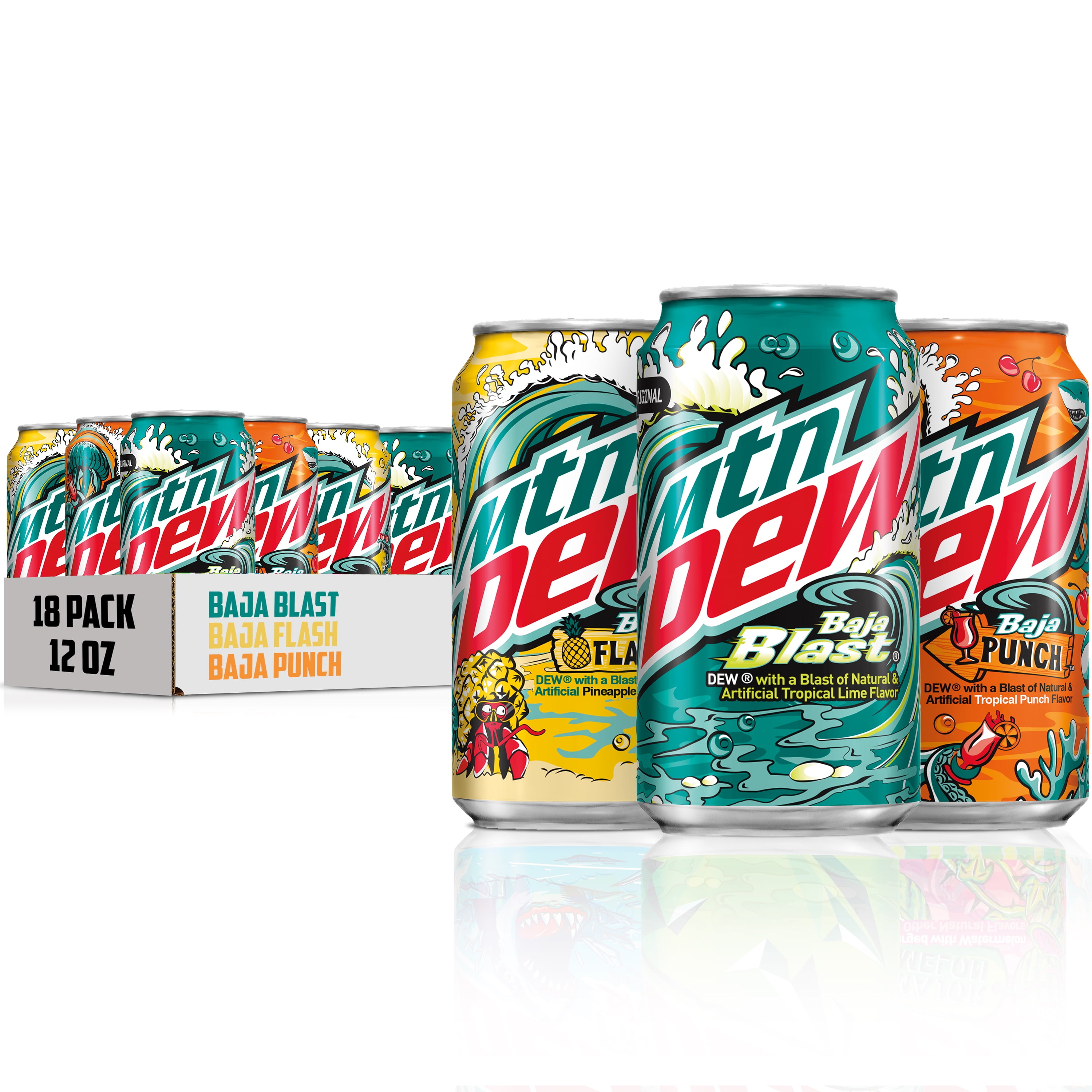 Photo 1 of (18 Cans) Mtn Dew Baja 3 Flavor Variety Pack, 12 fl oz EXPIRED 8/31/2021