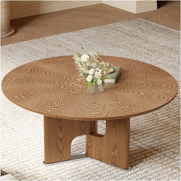 JERFIT 31.5" Round Walnut Coffee Table, Solid MDF Wood Low Profile Center Table for Small Space, Farmhouse & Modern Living Room