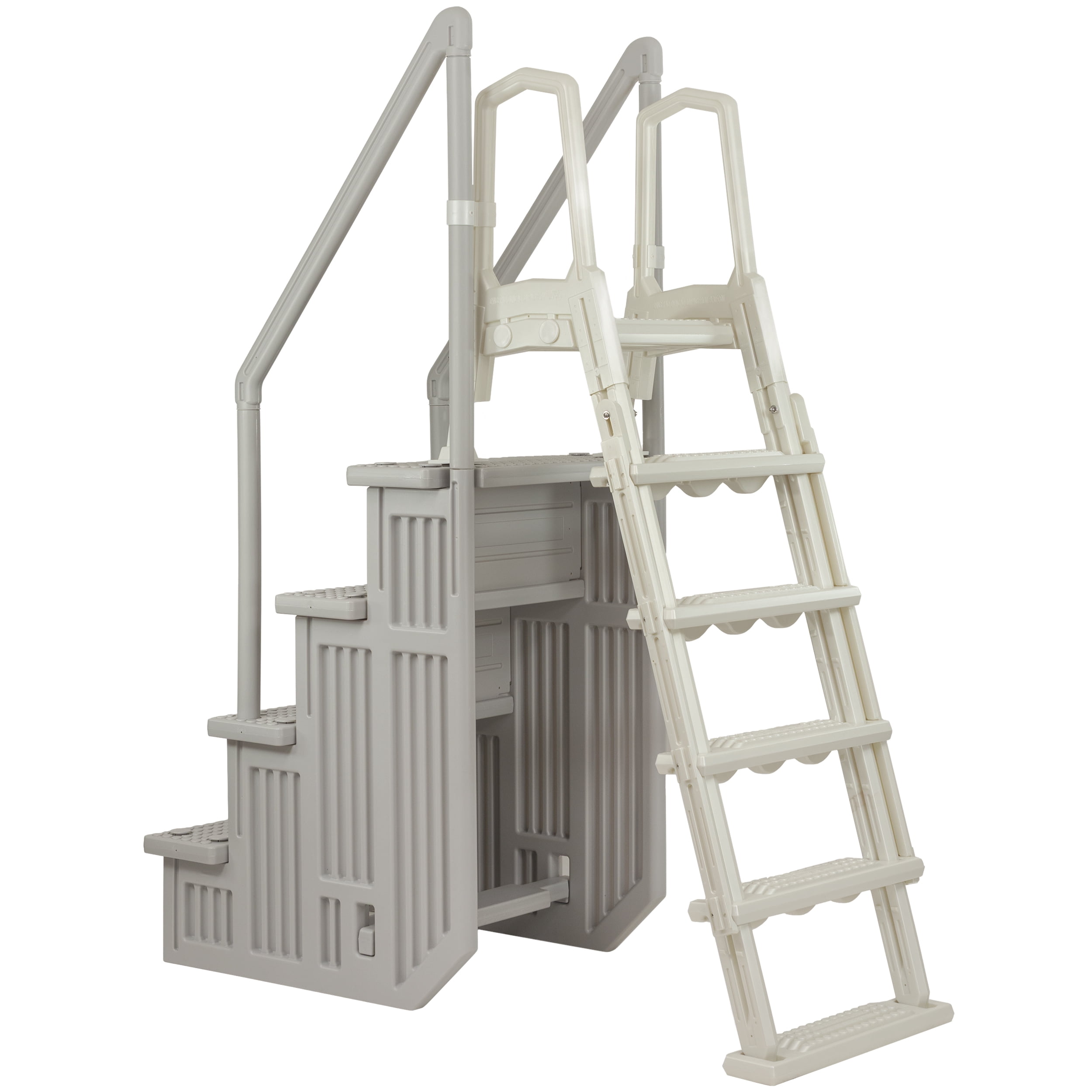Aqua Select Cloud Gray Anti-Slip Pool Steps with Cloud Gray Steps and Pearl White Outside Flip-up Safety Ladder, 48-54"H