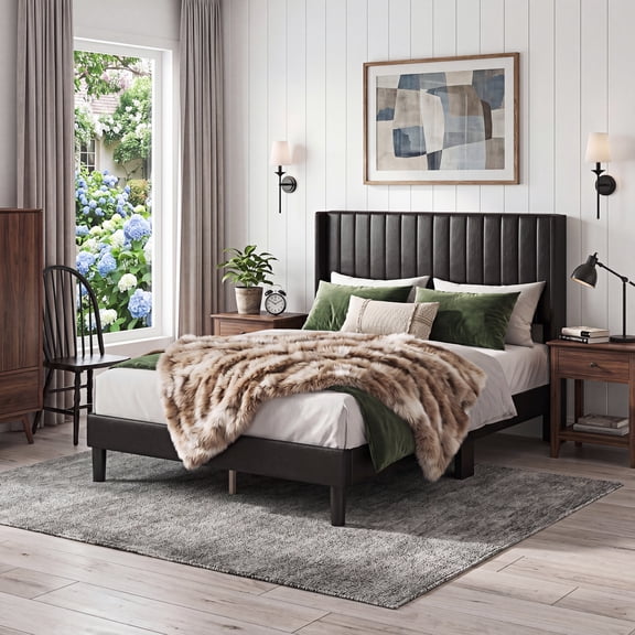 CONCETTA Full Size Bed Frame with Wingback PU Upholstered Headboard and Wooden Slats Support, No Box Spring Needed, Easy Assembly, Black