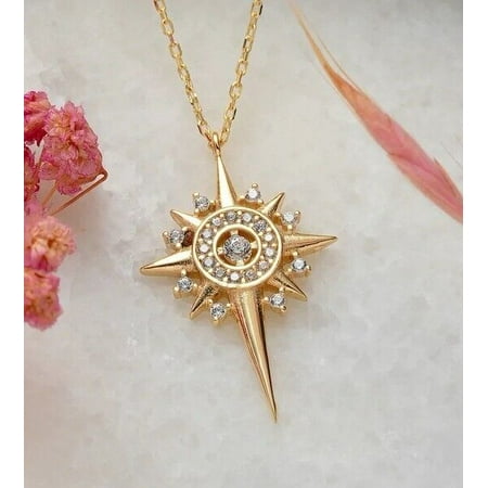 Sparkle Jewels Round Cubic Zirconia Northen Star Pendant Necklace For Women 14K Yellow Gold Finish
