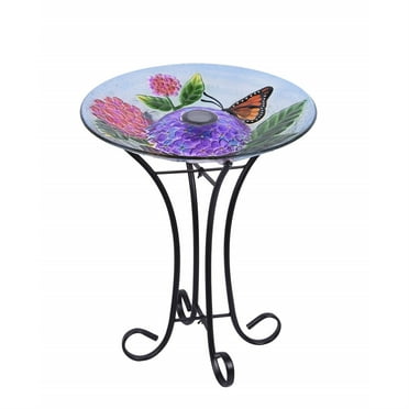 Hi-Line Gift Solar LED Glass Bird Bath with Stand, Floral