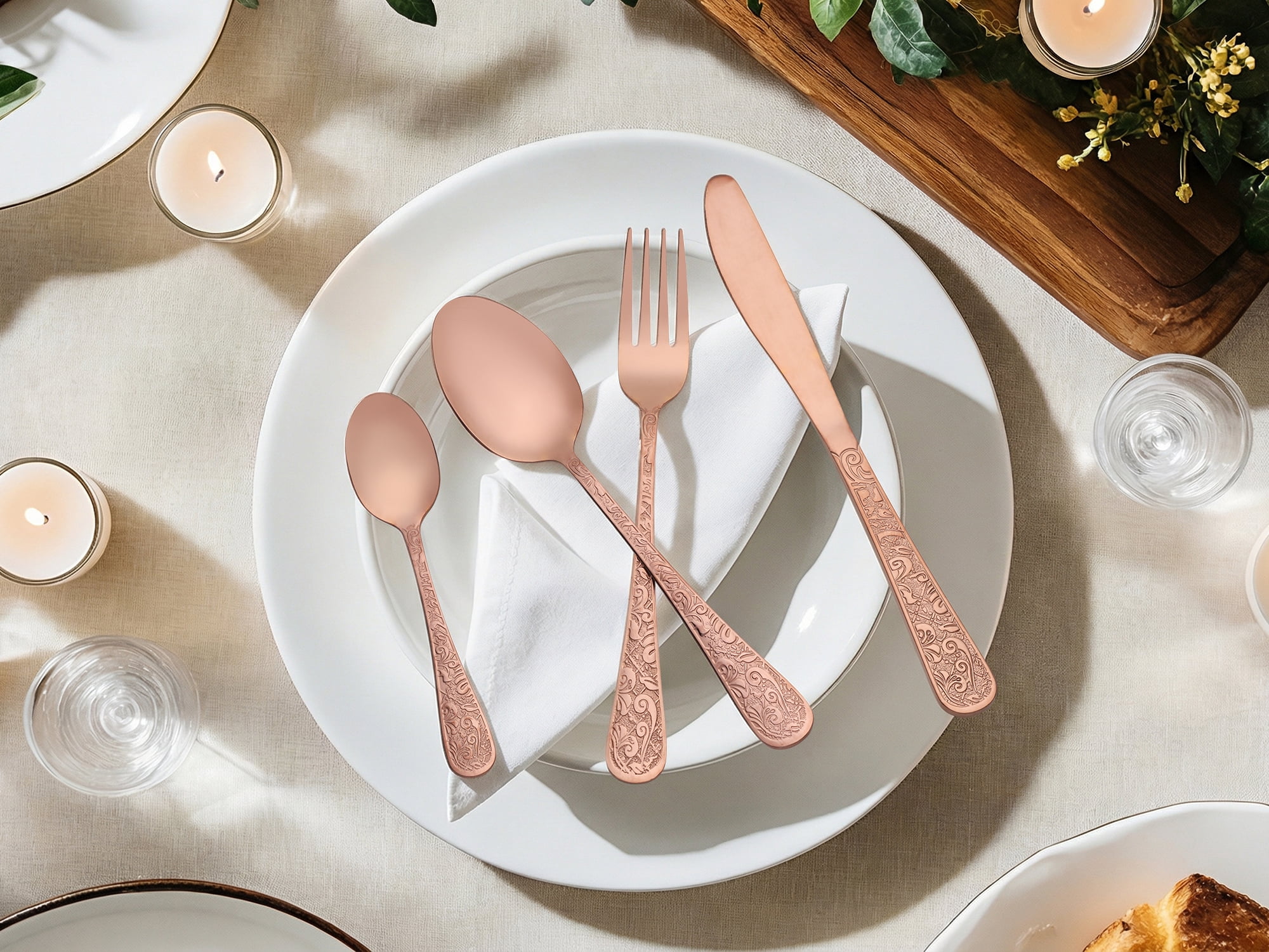 Unique Bargains 4 Piece Stainless Steel Floral Flatware Set Rose Gold 4