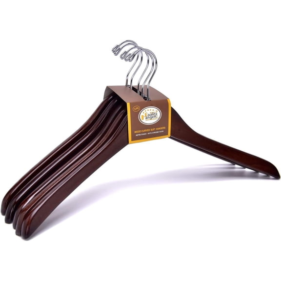 Wooden Curved Coat Hangers - Smooth Solid Wood Pants Hanger With Chrome Swivel Hook - Perfect for Suits and Jackets - Walnut - 5 Pack