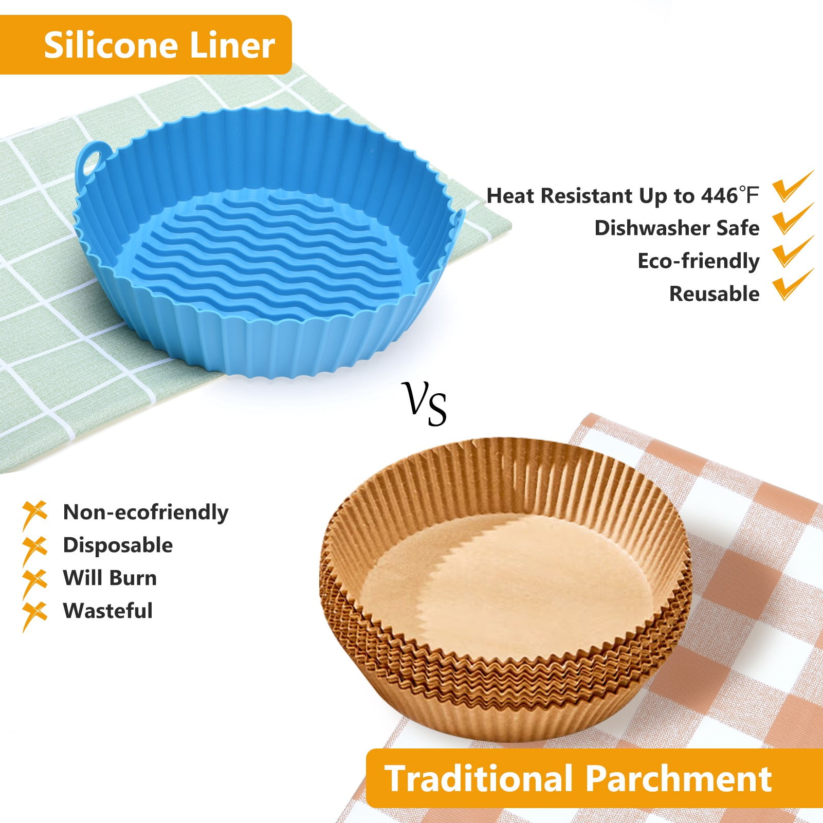 AOWOO 3 Pack Air Fryer Silicone Liners Pot for 3 to 5 QT, Air Fryer Silicone Basket Bowl, Replacement of Flammable Parchment Paper, Reusable Baking Tray Oven Accessories (Top 7.5in, Bottom 6.8in)