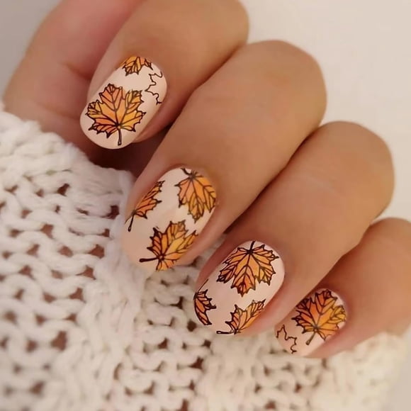 Uñas postizas adhesivas SWEKKE cortas cuadradas con hojas de arce otoñales, 24 piezas