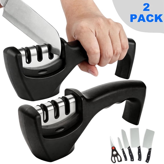 JILhome 2 Packs Knife Sharpener, Multi-Functional Kitchen Knife Sharpener, 3-Stage Manual Knife Sharpener for Home, Food Trucks, Restaurants, Black