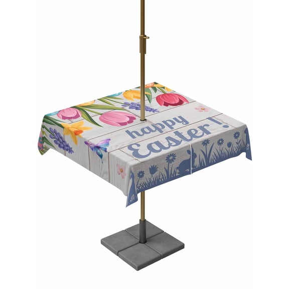 Happy Easter Outdoor Tablecloth - 54x54 Inch Square Dining Table Cover, Colorful Eggs Spring Tulips Flowers Farm Wooden Waterproof Outdoor Table Cloth with Umbrella Hole & Zipper for Picnic/Patio