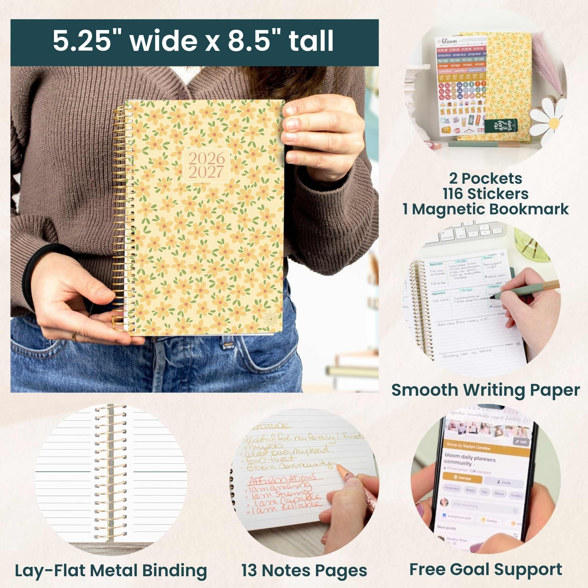 bloom daily planners 2026-2027 Academic Planner, 13 Month Monthly & Weekly Soft Cover, 5.5" x 8.25", Stickers Included, Butter Yellow Daisies