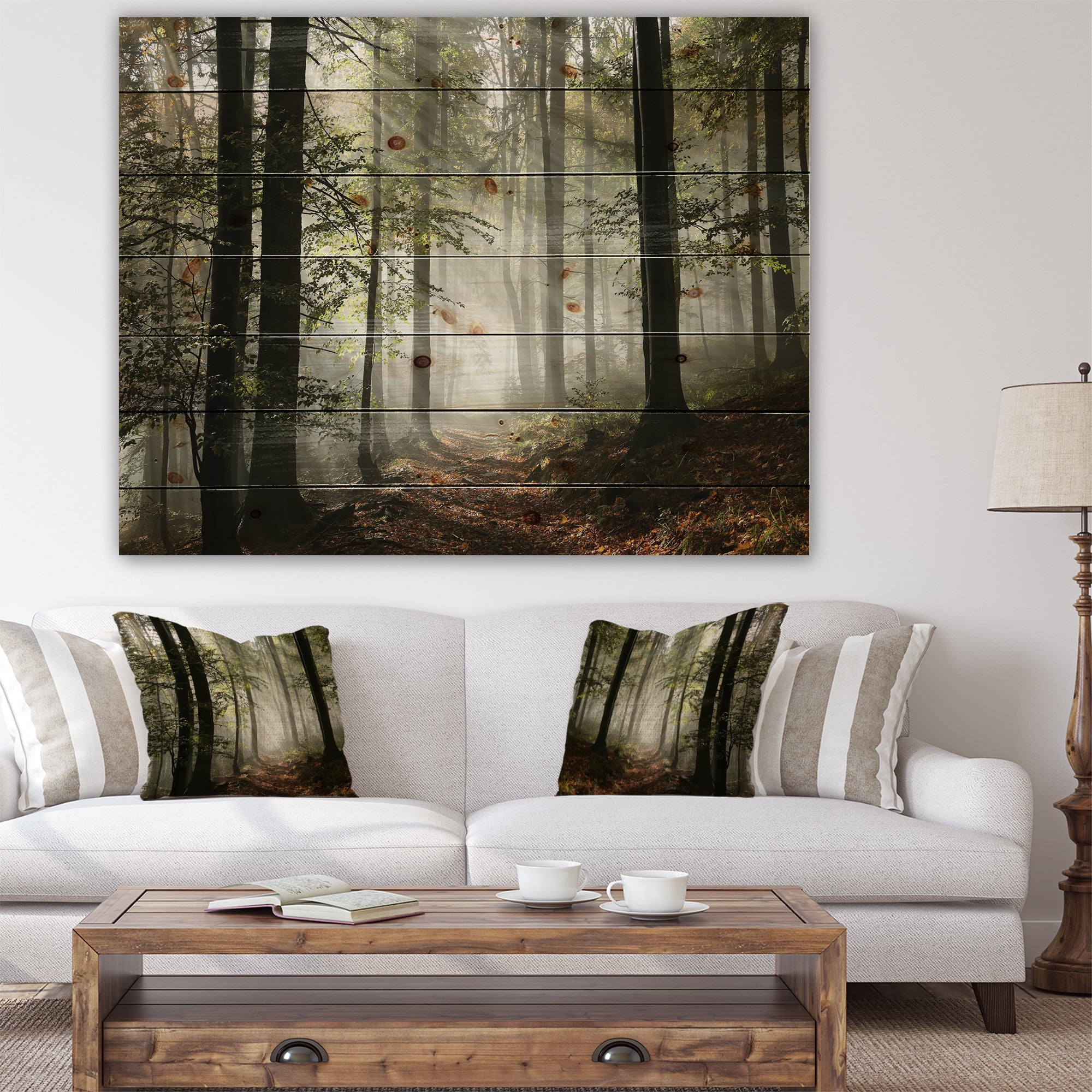 Designart 'Light in Dense Fall Forest with Fog' Landscape Print on Natural Pine Wood