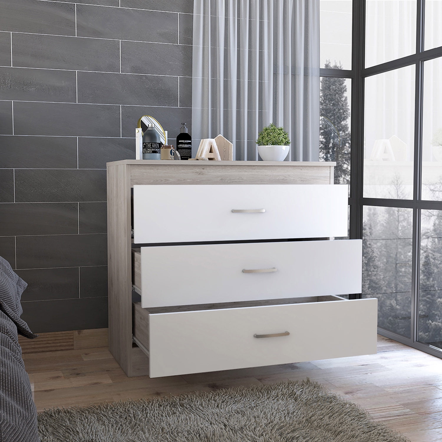 Kadyn Three Drawer Dresser, Chest of Drawers with Metal Hardware, Storage Cabinet for Bedroom, White Nightstand Kadyn Three Drawer Dresser, Chest of Drawers with Metal Hardware, Storage Cabinet for Bedroom, White Nightstand