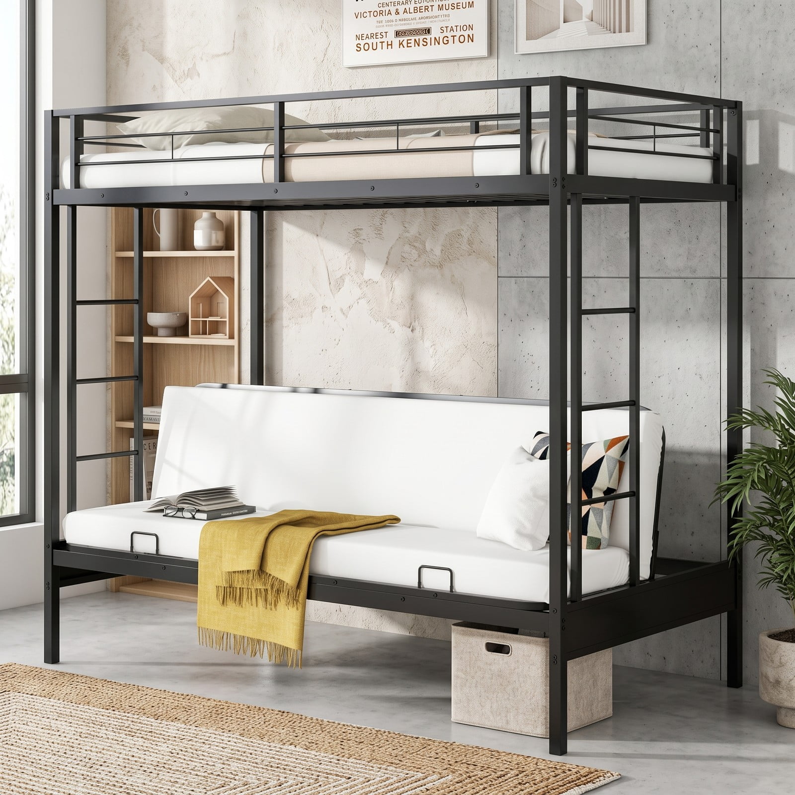 Furnibear Twin Over Futon Metal Bunk Bed with Convertible Sofa 2 Ladders and Guardrails for Guest Rooms and Dorms, Black