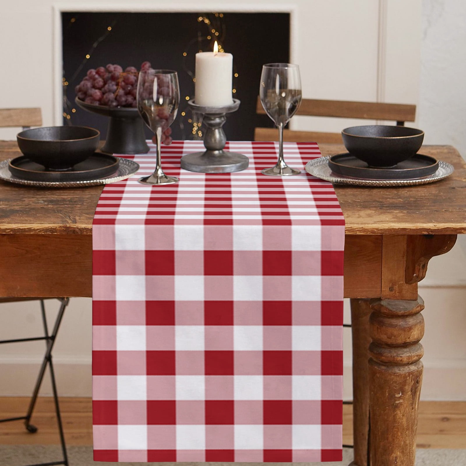 Farmhouse Red Plaid Table Runner Rustic Red White Checkered Tablerunners 13 x 90 Inch, Table Decorations Tabletop Scarf for Summer Gathering Holiday Farmhouse Kitchen Dining Decor