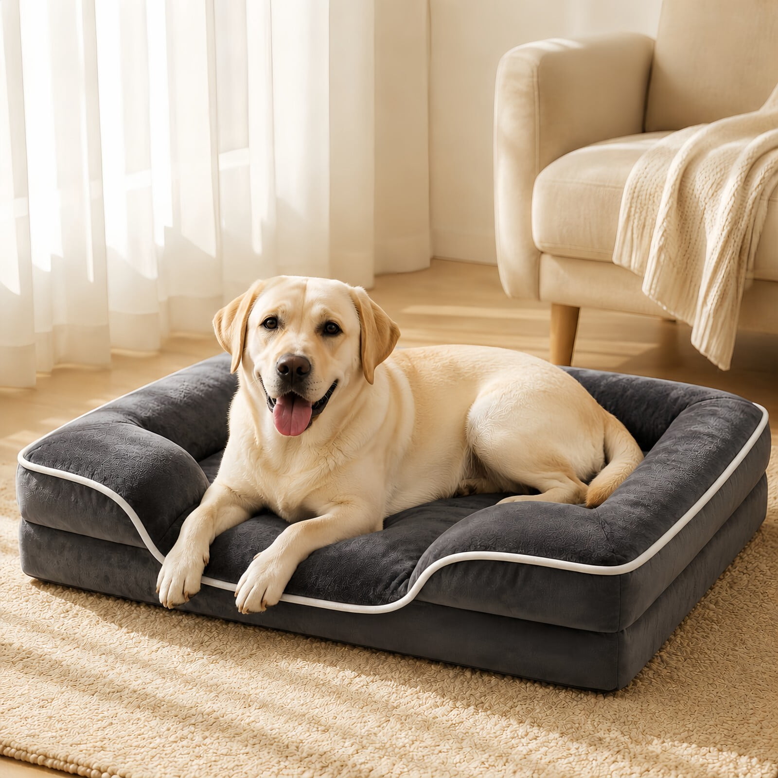 Kelno 42"x32" Orthopedic Dog Bed Supportive Egg Crate Foam Pet Couch Bed with Removable Washable Cover Anti Slip Bottom, Gray