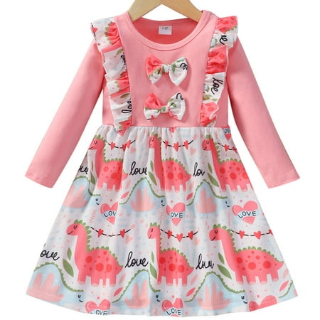 

Popshion Toddler Girls Unicorn Bowknot Dress Colorblock Round Neck Casual Mid-length Fall Dress