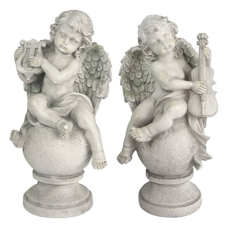 Northlight Set of 2 Sitting Cherub Angels with Violin and Harp Outdoor Patio Garden Statues 14.75" -