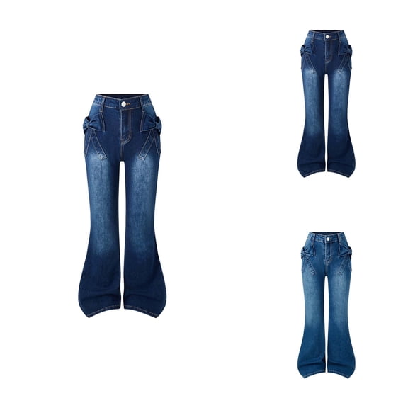 Stretch Flared Denim Pants for Girls â High-Waisted Bell Bottom Jeans with 3D Bow Design, Comfortable Casual Wear with Pockets (Ages 7-16)