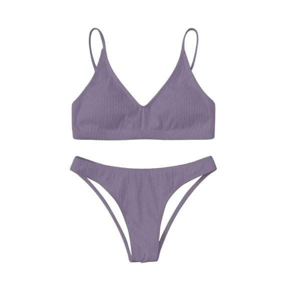 WREESH Womens Two Piece Swimsuit High Cut Bikini Fashion Solid Bikini Push-Up Padded Swimsuit Set Beach Bathing Suit Purple