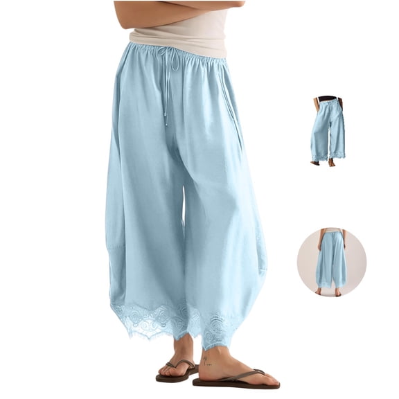 Clossjun Women Lace Pants Wide Leg Summer Fall Casual Work Wear Bottoms Drawstring Elastic Waist Lightweight Trousers With Pockets 2XL