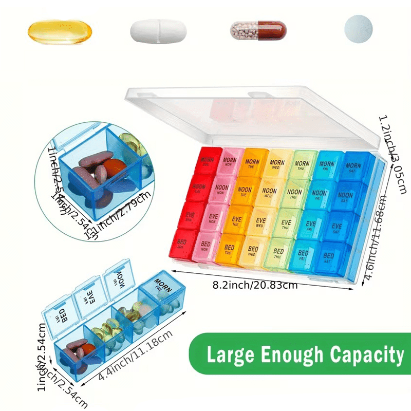4 Pcs Weekly Pill Organizer 4 Times a Day, Large Capacity Rainbow Pill Boxes for Daily Use Adults, Moisture Proof Medicine Organizer with Compartments for Travel Home Storage