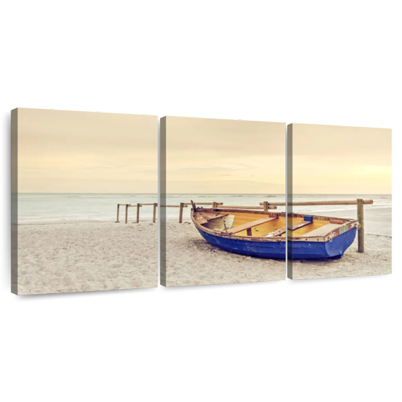 Elephant Stock Boat At The Beach Wall Art - Horizontal Multi Panel Canvas - Living Room Wall Decor - Transportation Multi Panel - Beige And Yellow Decor - 26" x 12"