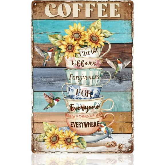 Colorful Coffee Cup Sunflower Wall Decor Sign Christ Offers Forgiveness for Everyone Everywhere Wall Art Metal Tin Poster for Home Kitchen Cafe Bar Wall Decor Gift 8 x 12 Inch 1 pc