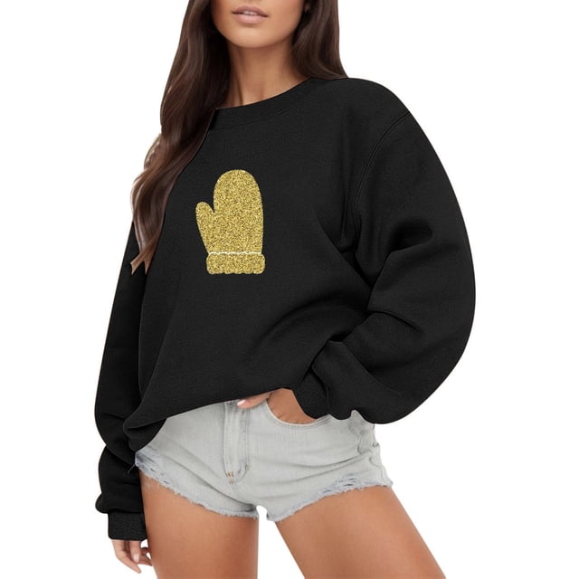 Gibobby Sudadera de Navidad para mujer Sudadera con capucha de manga larga con estampado de oro de imitación para mujer(Negro,CH)