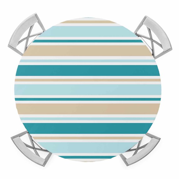 Elastic Fitted Round Tablecloth, Teal Khaki Striped Waterproof Stretch Table Cover for 55"-60" Tables, Farmhouse Stripes Modern Abstract Art Washable Outdoor Tablecloths for Patio, Picnic, Camping