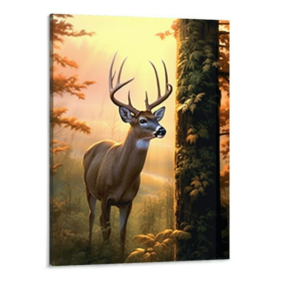 Creowell Wall Art Painting Whitetail Deer in Autumn Sunlight Forest Pictures Prints On Canvas Animal For Home Modern Decoration Office Bedroom Kitchen Bathroom-16x20inch