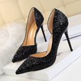 thumbnail image 3 of Zapatos de mujer estilo discoteca sexy delgados para mujer con tacones altos finos boca baja puntiagudos laterales huecos lentejuelas zapatos de mujer individuales, 3 of 5