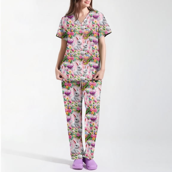 Scrub Tops For Women,Women's Short-Sleeve Easter Print Nursing Scrubs Set with Pockets,Pink,XXL