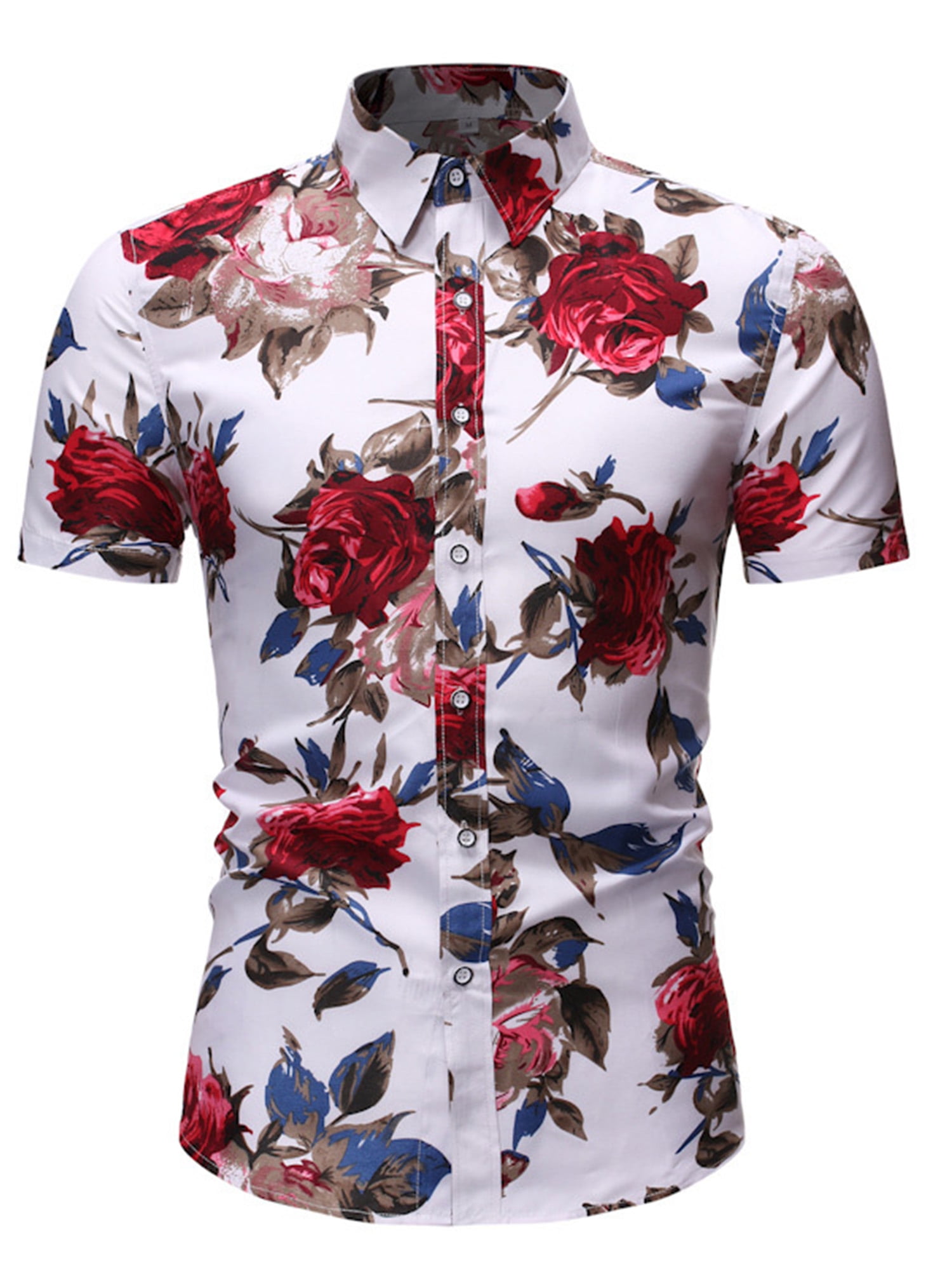 Outique Summer Hipster Mens Floral Print Slim Fit Long Sleeve Casual Button Down Shirt Patchwork Plaid Beach Dress Tops 