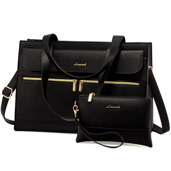LOVEVOOK Laptop Bag for Women Leather 15.6 Inch Laptop Tote Work Bag Professional Shoulder Bag Computer Briefcase Waterproof Handbag Business Teacher Office Bag Crossbody Purse, Black