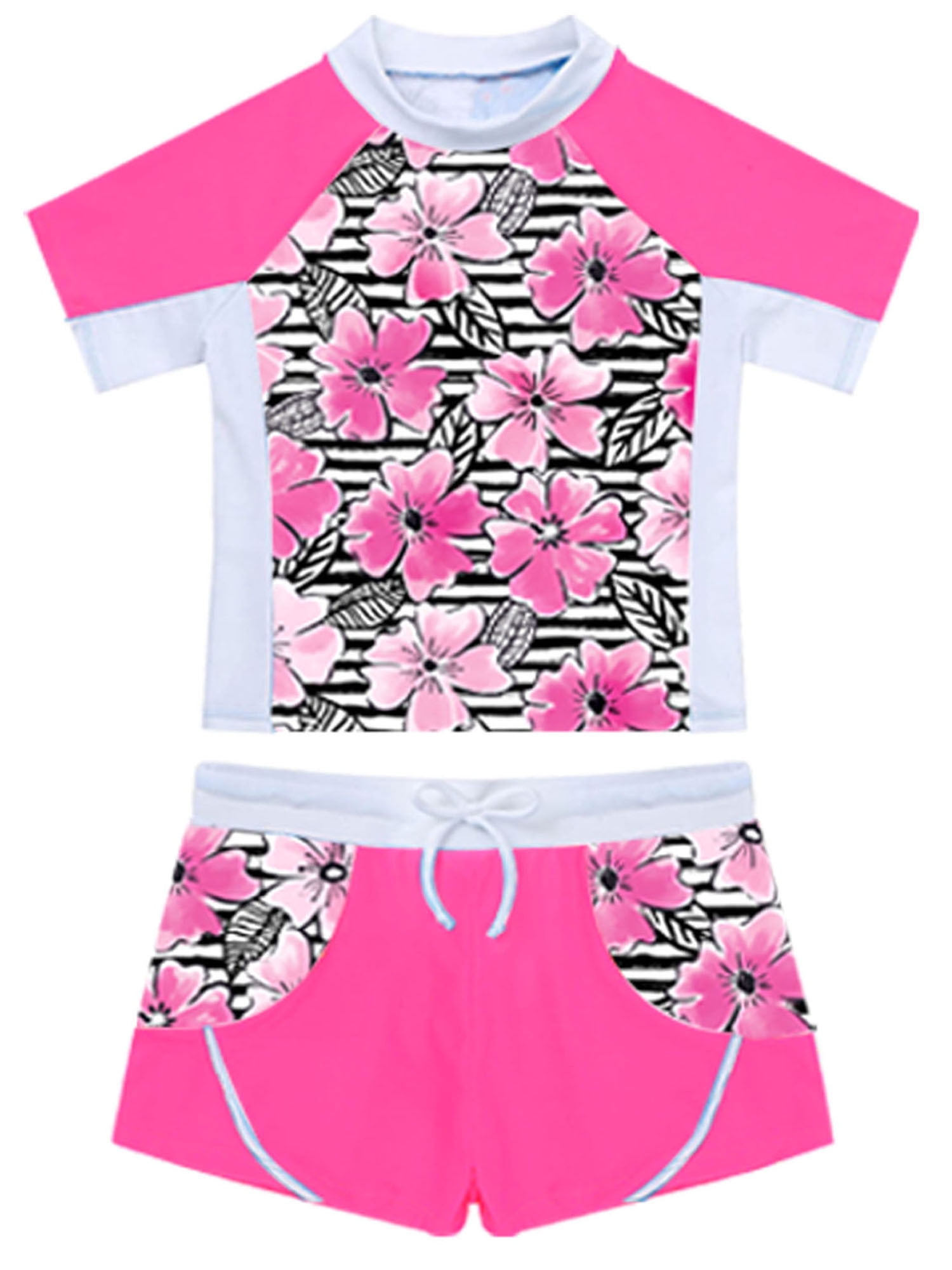 iiniim Kids Girls Flower Printed Tankini Set Tshirt with Swim Boyshort
