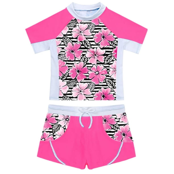 DPOIS Kids Girls Rashguard Tankini Swimsuit Floral Short Sleeve Shirt