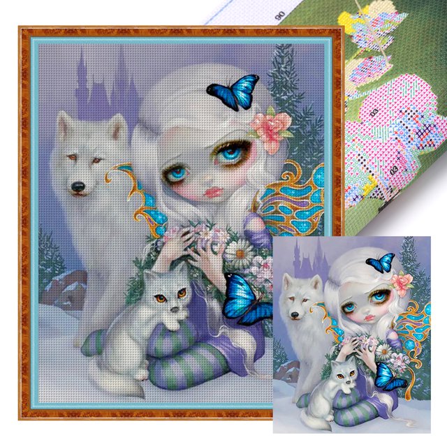 Hilo Algodón Bordado Punto Cruz Con Y Niña Ojos Grandes 11CT 40x50cm